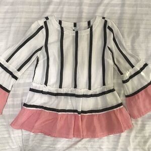 crown & ivy Peplum Women's Blouse Black Stripes and Pink Ruffle, Soft Size S